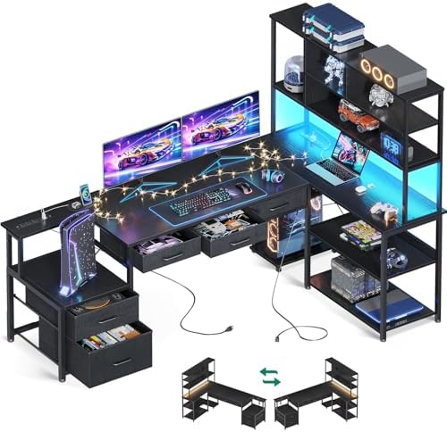 AODK 71 inch L Shaped Desk with 5 Drawers, Reversible L Shaped Gaming Desk with LED Light & 2 Power Outlets, Computer Desk with Storage Shelves for Home Office, Black