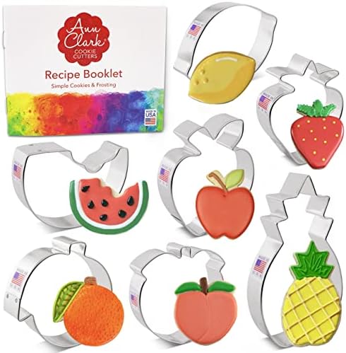 Ann Clark Cookie Cutters Summer Fruit Cookie Cutters 7-Pc. Set Made in the USA, Lemon, Peach, Pineapple, Watermelon, Orange, Strawberry, Apple