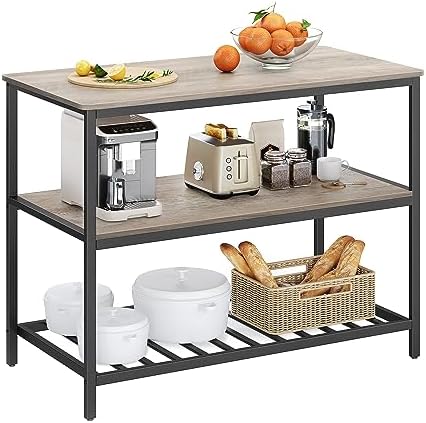 VASAGLE Kitchen Island with 3 Shelves, 47.2 Inches Width Kitchen Shelf with Large Worktop, Stable Steel Structure, Industrial, Easy to Assemble, Greige and Black UKKI001B02