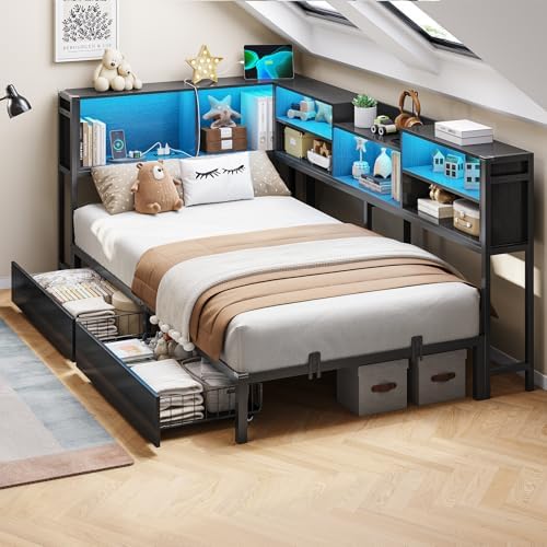 DICTAC Twin XL Corner Bed Frame with Bookcase Storage and Led Lights Metal Platform Beds with 2 Drawers & Charging Station Twin XL Daybed with Storage for Living Room,Bedroom and Guest Room,Black