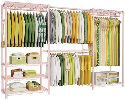 Ulif E1 Heavy Duty Closet Garment Rack, 6 Tiers Adjustable Metal Freestanding Expandable Clothing Storage with 4 Hanger Rods, Easy to Assemble Wardrobe, 71.4" H x (70" - 88.2") L x 14" D, Pink