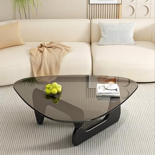 EASYSOUL Modern Glass Coffee Table, 32.68" D x 22.44" W x 15.75" H, Abstract Round Tea Tables for Living Room Home Office Industrial Cocktail Tables (Black-Gray Glass, 32.68")