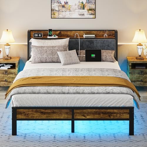 Queen Bed Frame with Headboard, Metal Platform Bed with Smart LED Lights and USB Charging Station, Easy Assembly, No Box Spring Needed