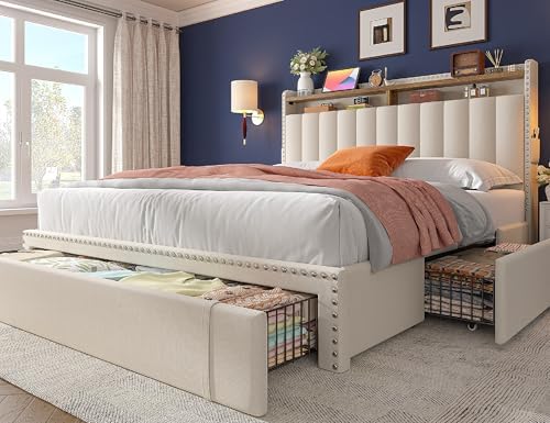 EnHomee Queen Bed Frame with 3 Drawers,Bed Frame Queen Size with Upholstered Headboard and Storage,2-Tier Shelves,1100LBS for Strong Support, No Box Spring Needed,Easy Assembly,No-Noise,Beige