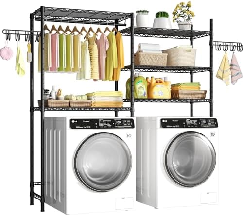 Ulif U5 Over the Washer and Dryer Storage Shelf, Laundry Room Space Saver Bathroom Storage and Organizer Rack for Hanging Towels and Drying Clothes with 5 Wire Shelves, 58.2"W x 13.4"D x 77.5"H, Black