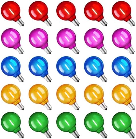Brightown 25 Pack Multicolor G40 LED Christmas Replacement Light Bulbs, UL Listed, 1 Watt E12/C7 Candelabra Base Plastic Shatterproof LED Globe Edison Bulbs, Easily Screw in Strings Spools Strands