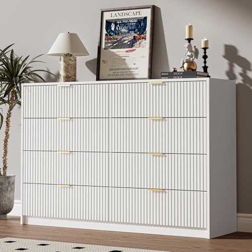 White Dresser for Bedroom, 8 Drawer Double Dresser, Modern Chest of Drawers for Bedroom, Living Room, Entryway and Closet, 55" L x 15.7" D x 37.4" H