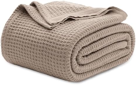Bedsure 100% Cotton Blanket King Size for Bed - Breathable and Soft, Waffle Weave Blanket for Summer Spring, Tan, 104x90 inches