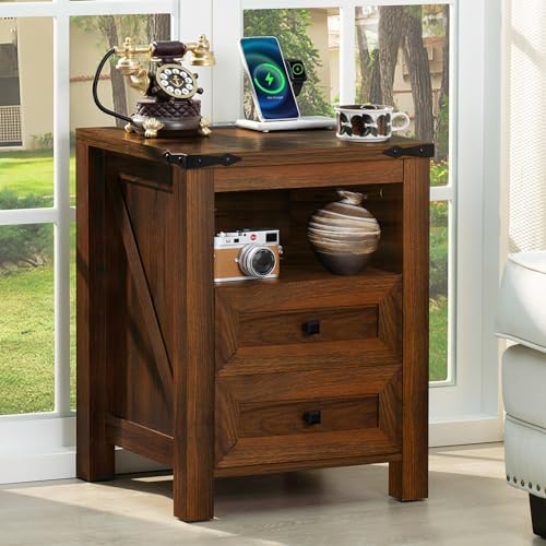 Nightstand with Charging Station and USB Port, Farmhouse Side End Table with 2 Drawers and Open Shelf, Wood Rustic Sofa Table, Bedside Cabinet for Bedroom, Living Room, Closet, Office(Brown)
