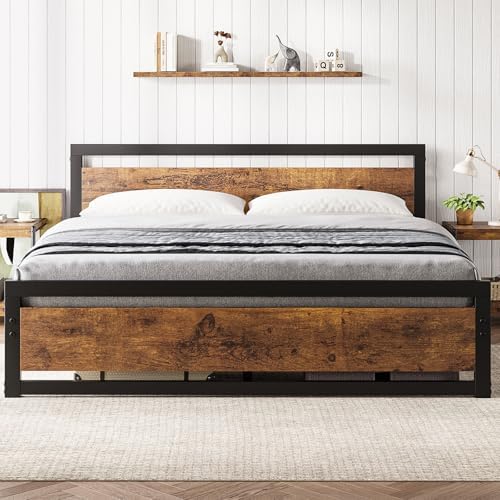 GarveeHome King Size Bed Frame, Industrial King Platform Bed with Headboard No Box Spring Needed, 14 in Easy Assemble Mattress Foundation Bedframe, Retro Brown