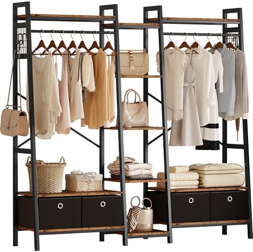 IRONCK Garment Rack and Storage Shelves, Heavy Duty Closet Rack with Hanging Rods,4 Drawers, T Shaped Coat Rack Closet Organizer, Vintage Brown