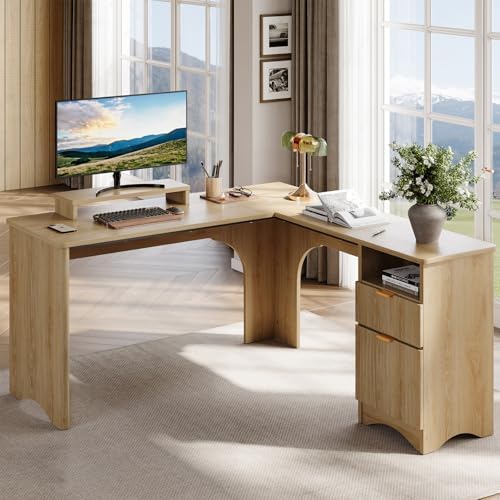 Bestier L Shaped Desk with File Drawer, 55.7" x 55" Office Computer Desk with Round Corners, Modern Desk with Monitor Stand & Fluted Panels for Home Office, Natural Oak