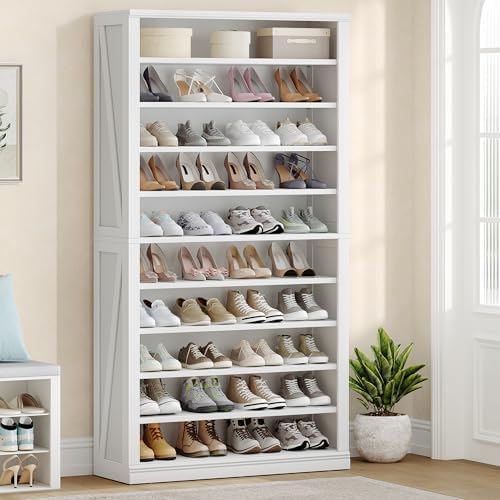 Shoe Storage Cabinet, 10 Tiers Freestanding Shoe Cabinets, Wooden Shoes Rack with Cubby, 36-40 Pairs, Farmhouse Tall Shoes Cubby Organizer for Entryway, Living Room, White SR59203X
