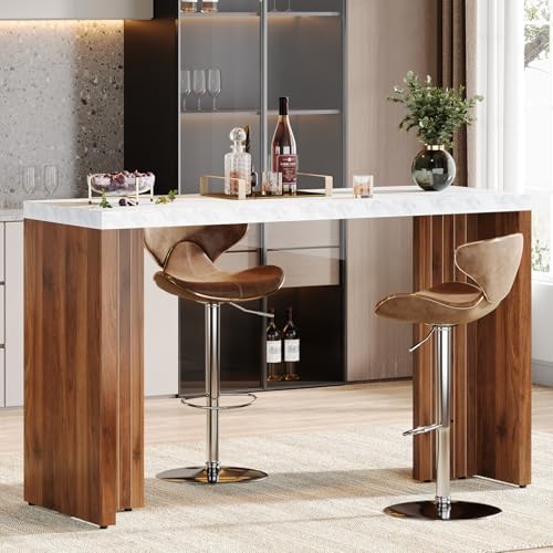 Tribesigns Home Bar Unit, 55.12-Inch Bar Table with a Faux Marble Finished Tabletop, Modern Freestanding Mini Bar for Home Kitchen, Living Room, Balcony, Basement, Walnut & White