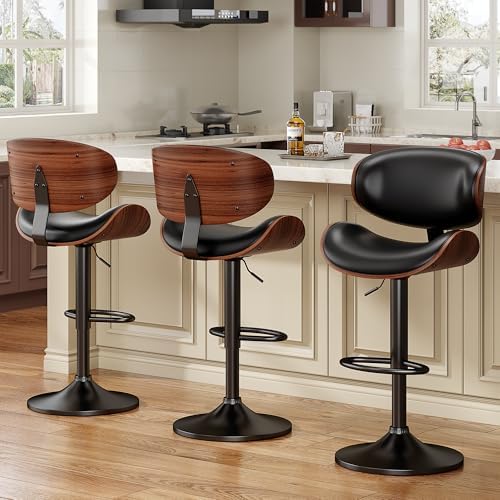 Bar Stools Set of 3, Bentwood Adjustable Height Swivel Bar Stools, PU Leather Upholstered Bar Chair with Back and Footrest for Bar, Kitchen, Dining Room, Black