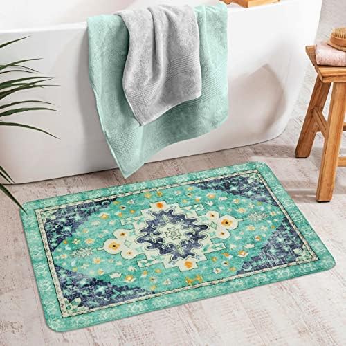 Uphome Boho Vintage Bathroom Rug Green Non-Slip Soft Bath Rug Machine Washable Oriental Bathroom Mat Traditional Farmhouse Floral Floor Mats for Bathtub Shower Entryway, 20x31 inch