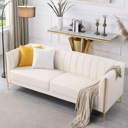 FOTOSOK 78'' Couch Sofa, Modern White Couches for Living Room with 2 Throw Pillows, Comfy Faux Leather Sofa 3 Seater with Gold Metal Legs, Cloud Sofas Couch Deep Seat Sofas (Cream White)