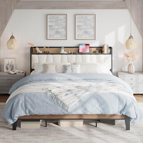 LIKIMIO California King Bed Frames, Storage Headboard with Charging Station, Solid and Stable, Noise Free, No Box Spring Needed, Easy Assembly, Wood and Cream