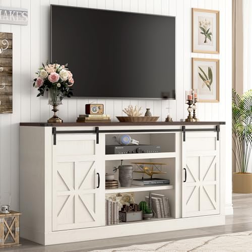 66" Farmhouse TV Stand for 75 Inch TV, 33" Tall Entertainment Center with Power Outlets & Sliding Barn Door, Wood TV Stand with Storage, TV Media Console for Living Room, Antique White