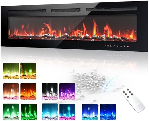 EUHOMY 50 Inch Electric Fireplace Wall Recessed and Wall Mounted with Adjustable Flame Color, Fireplace Heater with Remote Control, Linear Fireplace with Timer, Touch Screen, Log & Crystal, 750/1500W