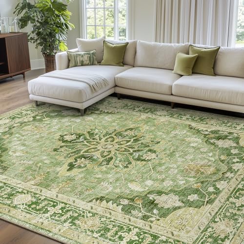 Area Rugs 8'x10' Washable Non-Slip, Floral Vintage Distress Print Pattern Medallion Carpet for Living Room Bedroom Dining Room, Sage Green Yellow