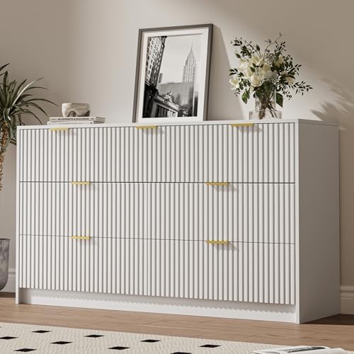 White 7 Drawer Dresser for Bedroom, Modern Fluted Dresser with Gold Metal Handles, Wide Chest of Drawers for Bedroom,Living Room, Entryway, Hallway, 55.9" L x 15.7" D x 31.4" H