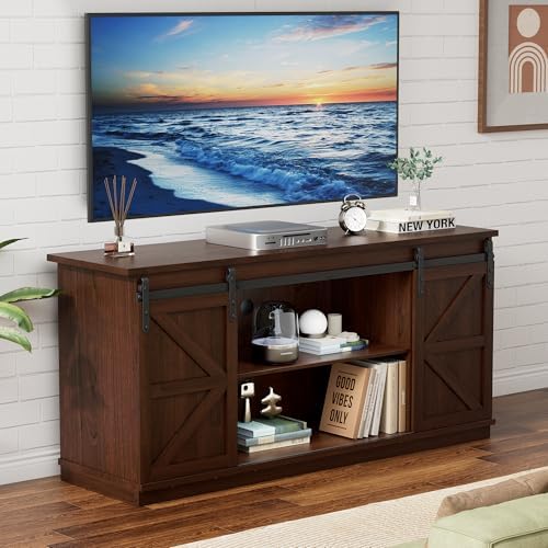 YESHOMY TV Stand for Televisions up to 65 Inches, with Sliding Barn Doors and Storage Cabinets, Console Table and Media Furniture for Living Room, 58 Inch, Espresso