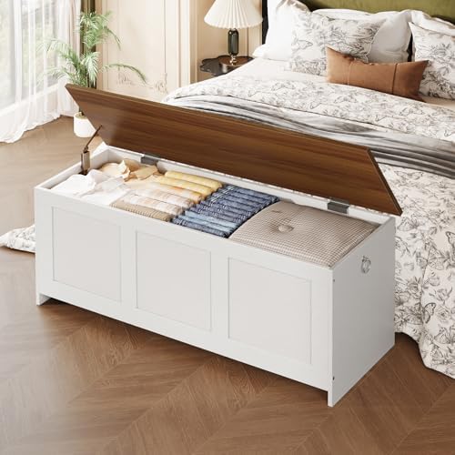 HOOBRO Storage Bench, 43.3" Retro Wooden Storage Chest, Wooden Storage Trunk, Toy Chest with Lift Top, Multifunctional Entryway Organizer, for Entryway, Living Room, White and Walnut WH411CW01