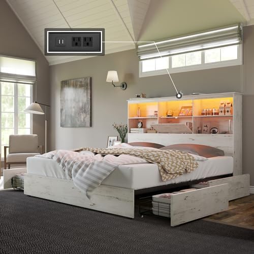 AMERLIFE Farmhouse King Size Bed Frame Wooden Platform Bed with 51.2" Storage LED Bookcase Headboard, 4 Storage Drawers & Charging Station/No Box Spring Needed/Noise Free/Distressed White