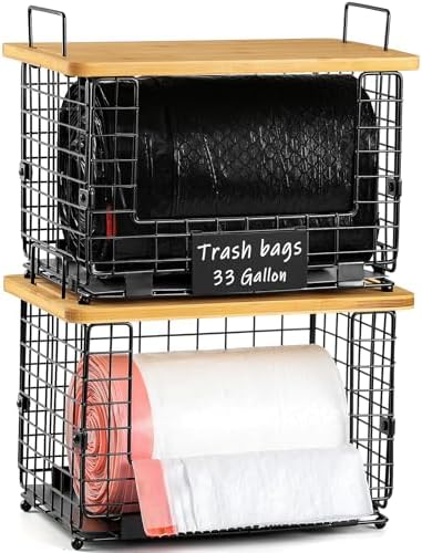 Upgrade Larger, Fit 13/30/33+ Gallon Trashbag Perfectly - 2 SET Stackable Trash Bag Holder with Tags & Bamboo Top, Garbage Bag Dispenser Stand, Kitchen Pantry Under Sink Laundry Room Organizer Basket