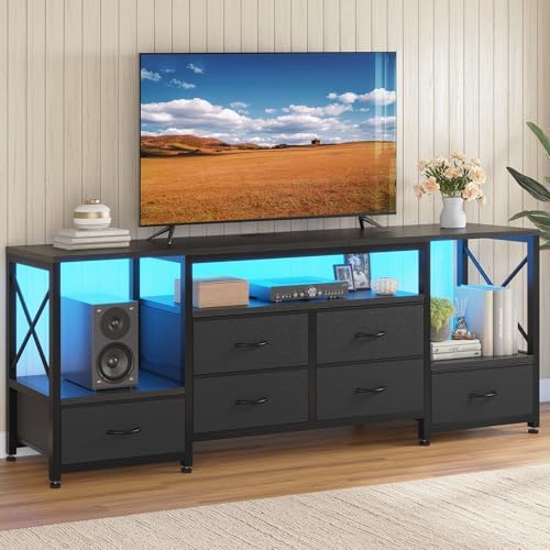 TV Stand for 75 Inch TV, Entertainment Center with LED Light & Power Outlets,63" Industrial TV Console Table with 6 PU Drawers & Open Shelves for Living Room, Bedroom, Black