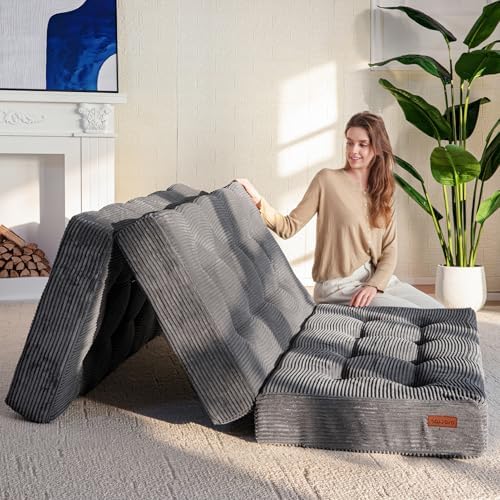 MAXYOYO Tri-Fold Mattress, 6 Inch Tufted Folding Futon Foam Bed, Foldable Floor Mattress Guest Bed Futon Topper Portable Camping Sleeping with Corded Fabric, Dark Grey, 35.4"x75"