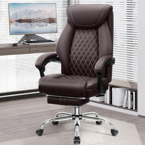 Office Chair, Executive Leather Chair Adjustable High Back, Ergonomic Computer Desk Chair Lumbar Support, Big and Tall Office Chair with Footrest, Comfy Reclining Chair for Home Office