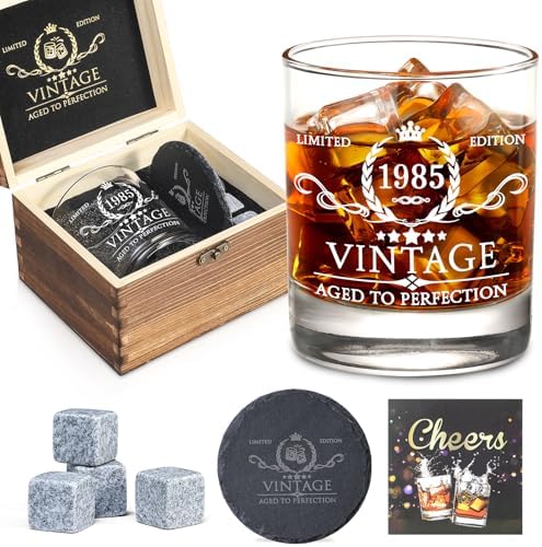 40th Birthday Gifts for Men Whiskey Glass Set - 40th Birthday Decorations, Party Supplies - 40 Year Anniversary, Bday Gifts Ideas for Him, Dad, Husband, Friends - Wood Box & Whiskey Stones & Coaster