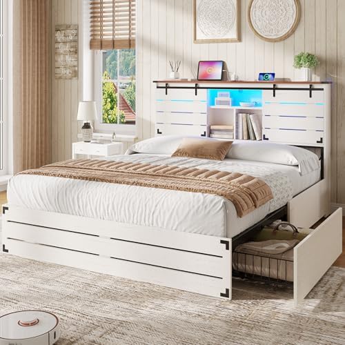 VIAGDO Wooden Bed Frame Queen Size with Bookcase Headboard and Sliding Barn Door, Farmhouse Queen Bed Frame with Charging Station, LED Lights and 4 Storage Drawers, No Box Spring Needed, White