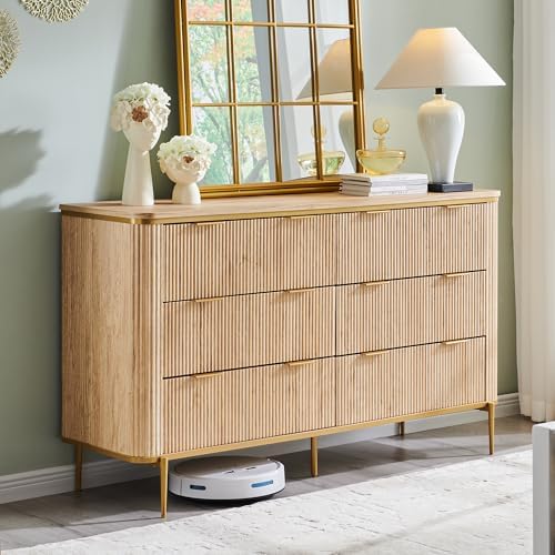 T4TREAM Fluted 6 Drawers Dresser for Bedroom, 54" Wide Modern Dresser TV Stand, Gold Accents, Fluted Fronts, Wood Storage Dressers Organizer for Bedroom, Living Room, Natural Oak
