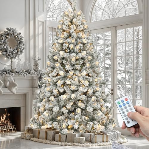 YITAHOME Prelit Snow Flocked Artificial Full Christmas Tree 9ft with Remote Control, Christmas Pine Tree with 11 Light-Modes, 2094 Branch Tips, and Foldable Base for Home, Party Decoration
