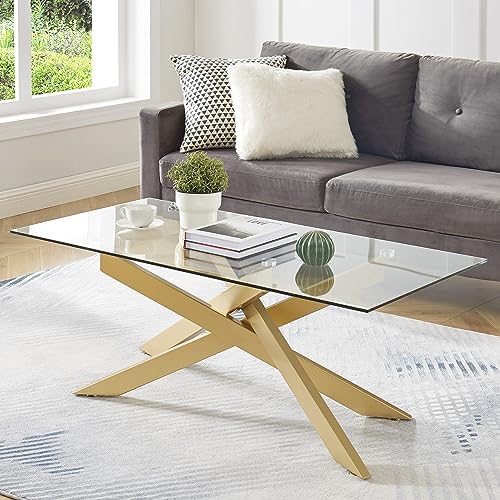Gold Coffee Table for Living Room, Modern Glass Coffee Table with 47" Tempered Glass Top and Metal Tubular Legs for Small Space, Apartment, Office