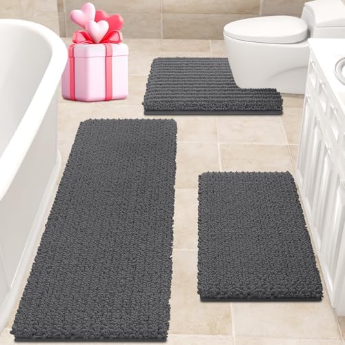 ACCUMTEK Upgrade Extra Large Grey Bathroom Rug Set 3 Pieces Gray Ultra Soft, Thick Absorbent Bath Mats, Non Slip Chenille Toilet Mat for Bathroom, Bedroom, Kitchen, Charcoal
