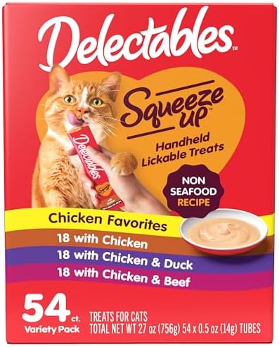 Delectables Squeeze Up Non-Seafood Variety Pack, Creamy Squeezable Puree, Lickable Wet Cat Treats, Grain Free, No Added Fillers, No By-Products, No Added Preservatives, 0.5 Ounces Tube, 54 Tubes Total
