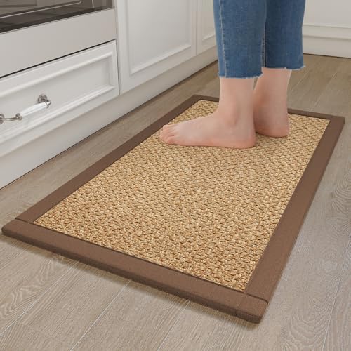 Anti Fatigue Kitchen Mats for Floor, Soft Cushioned Super Absorbent Kitchen Rugs Non Slip Washable, Jute-Like Woven Kitchen Sink Mat Standing Mat for Laundry Office, Easy Care, Brown 17"x30"