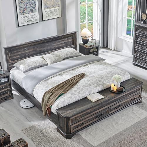 T4TREAM Farmhouse King Bed with Headboard and Storage Bench, Rustic Wood Platform Bed with 80" Storage Chest w/ 4 Large Drawer (Dark Rustic Oak)