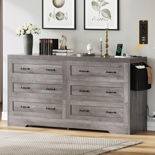 DWVO Farmhouse 6 Drawer Dresser for Bedroom, 59" Wide Large Modern Dresser TV Stand with Drawers & Bar Handles, Storage Dressers with Power Outlets, Rustic Wood Chest of Drawers, Grey