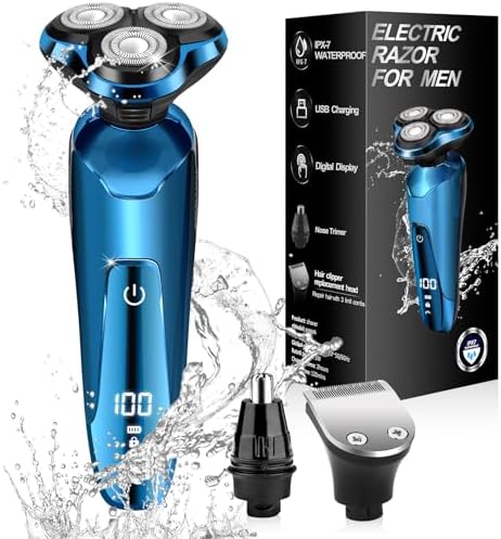 Electric Razor for Men, New Upgrade Cordless Rechargeable 3D Rotary Head shavers, Wet/Dry Waterproof Head Razors for Bald Men with LED Display, Gifts for Husband, Dad, Boyfriend (Blue)