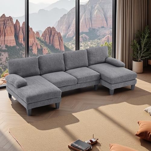 VINGLI 110' U-Shaped Sectional Couch with Two Chaise, Affordable Small Sofa with 4 Seats, Chenille Fabric Comfy Couches for Living Room, Dark Grey