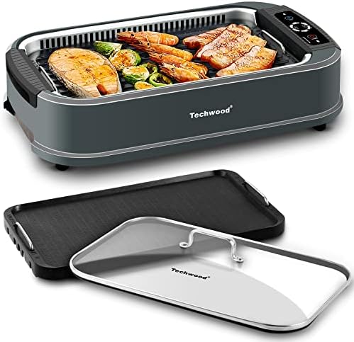 Techwood Indoor Grill Smokeless Grill, 1500W Indoor Korean BBQ Electric Tabletop Grill with Tempered Glass Lid, Removable Grill and Griddle Plates with Drip Tray, Gray