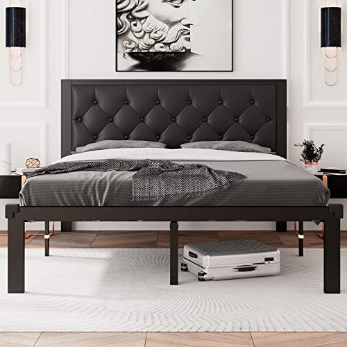 Feonase Queen Size Metal Bed Frame with Faux Leather Button Tufted Headboard, Heavy-Duty Platform Bed Frame with 12" Storage, Steel Slats Support, No Box Spring Needed, Noise Free, Black