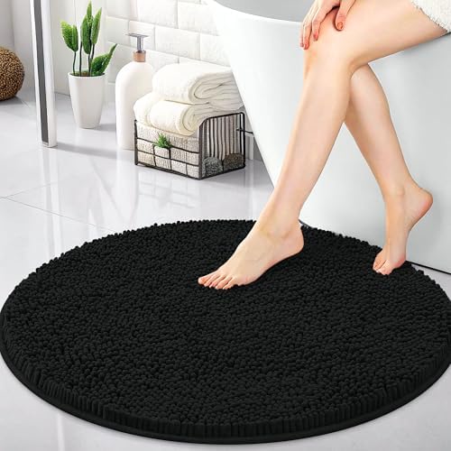 OLANLY 30-inch Round Bathroom Rugs, Extra Soft and Absorbent Chenille Bath Rugs, Quick Dry Machine Washable Bath Mats for Bathroom Floor, Tub and Shower, Home Decor Accessories, Black