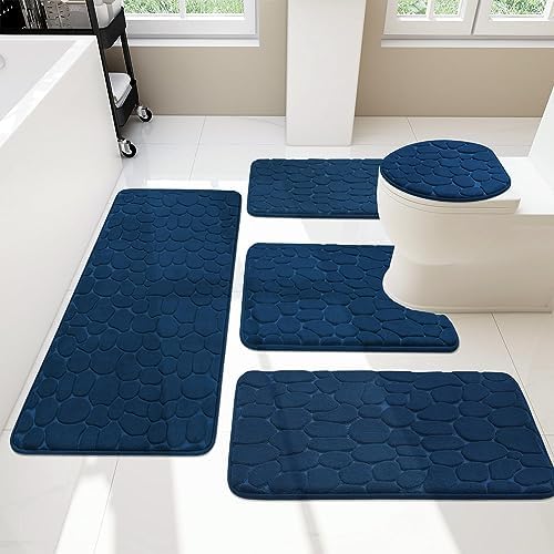 YIHOUSE Bathroom Rugs Set, 5 Piece Cobblestone Memory Foam Mats, Extra Thick Non Slip, Water Absorbent, Washable Dark Blue Bath Rugs for Tub, Toilet and Floor