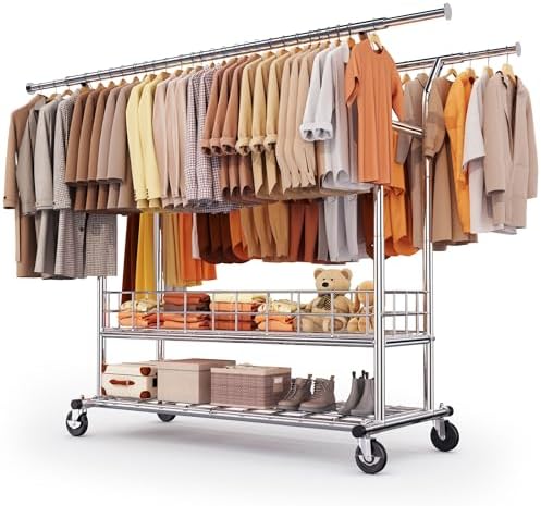 HOKEEPER Heavy Duty Clothes Rack Load 625 LBS, Clothing Rack for Hanging Clothes Adjustable Rolling Garment Rack with Wheels for Bedroom, Living Room (Double Rod with Metal Basket)